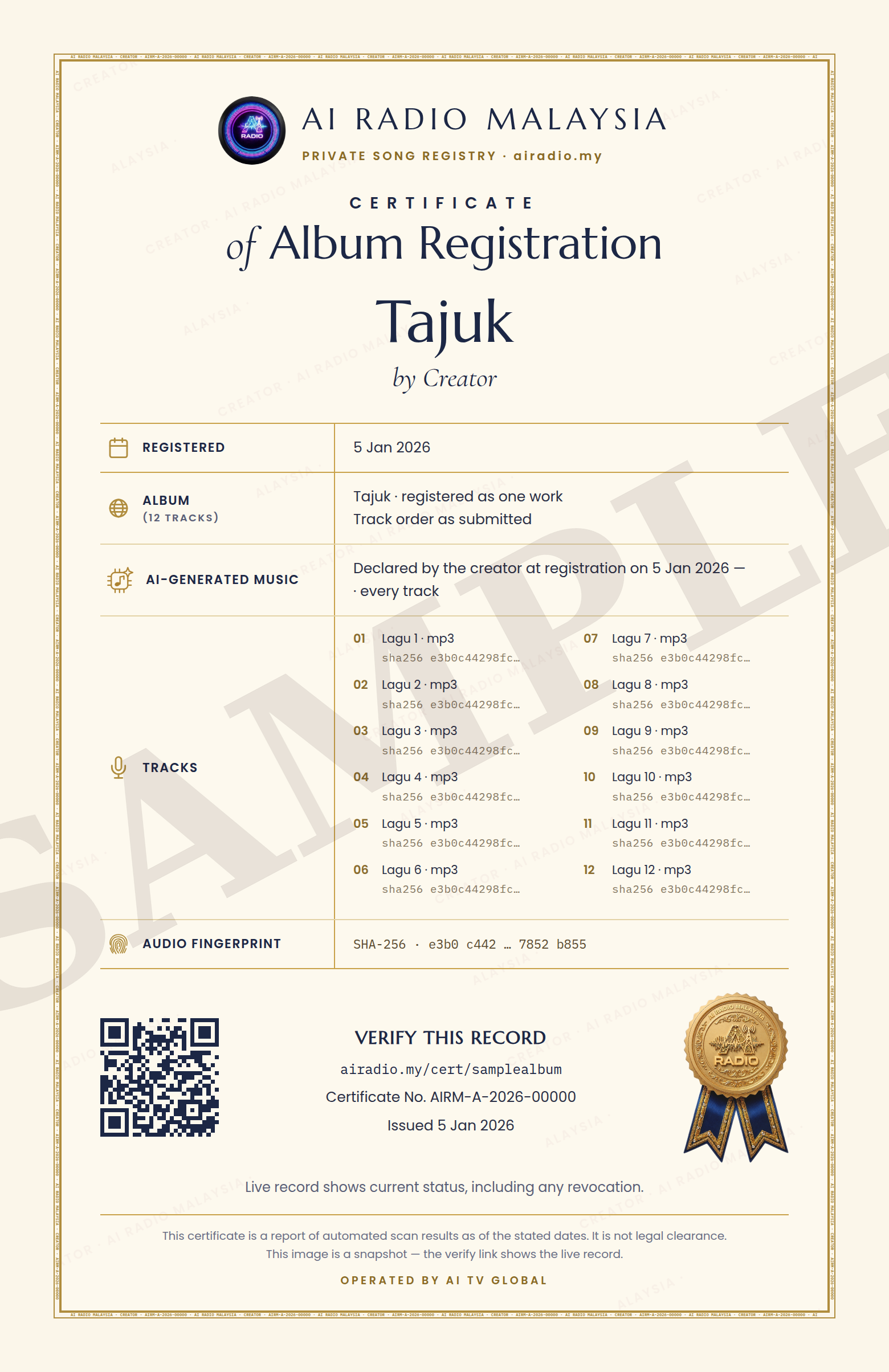 Sample Song Album Certificate