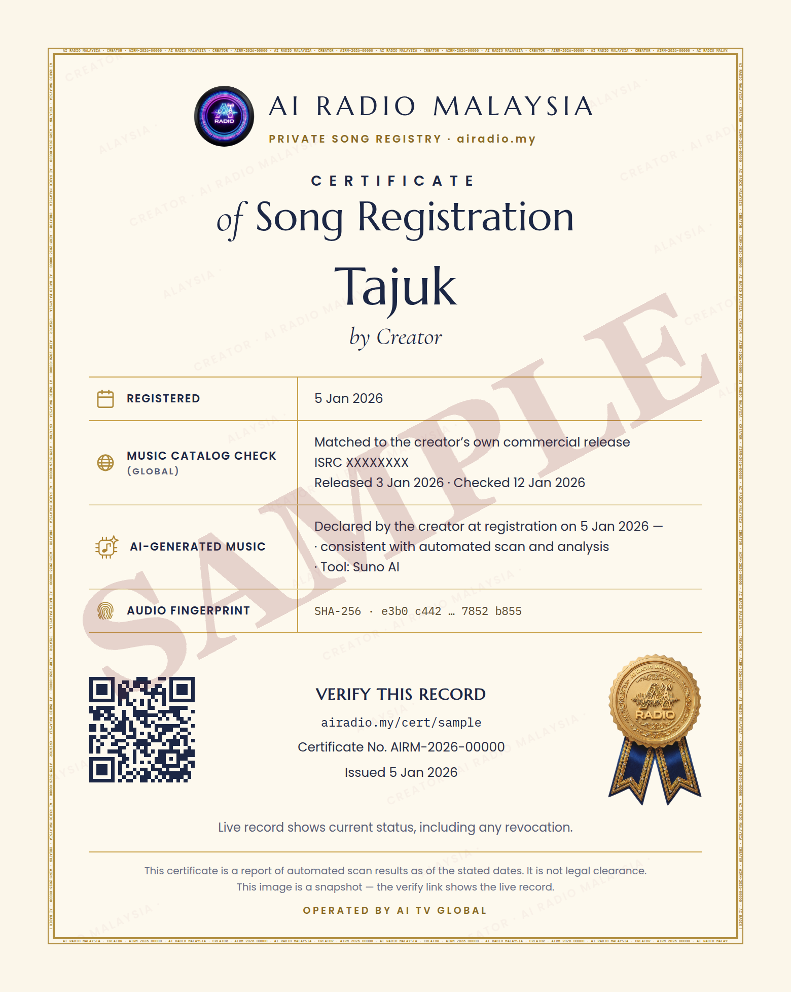 Sample Song Certificate
